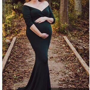 Ecavus Off Shoulder Long Sleeve Cross-Front V Neck Maternity Dress in Green SZ L